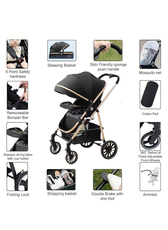 جورفنت عربة أطفال خفيفة الوزن وقابلة للعكس مع صينية طعام مجانية وحامل أكواب، قابلة للطي السريع، مناسبة للأعمار من 0 إلى 6 سنوات، إطارات EVA مضادة للانزلاق ومقاومة للثقب، سعة تحميل 60 كجم، عربة سفر سوداء - Image 2